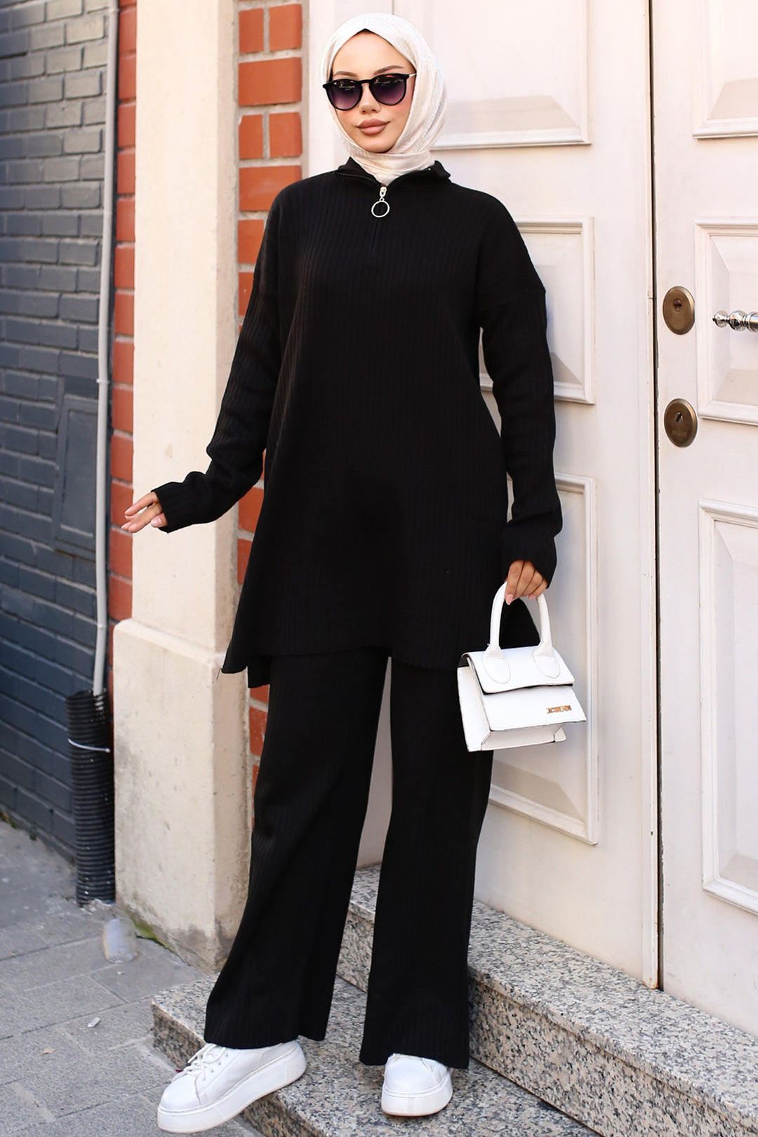 BNG Women Zipper Detailed Ribbed Knit Set Black - Clermont