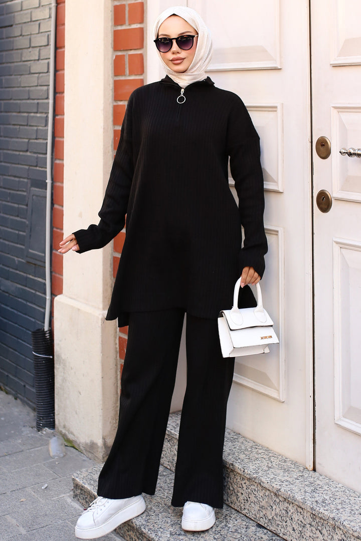 BNG Women Zipper Detailed Ribbed Knit Set Black - Clermont