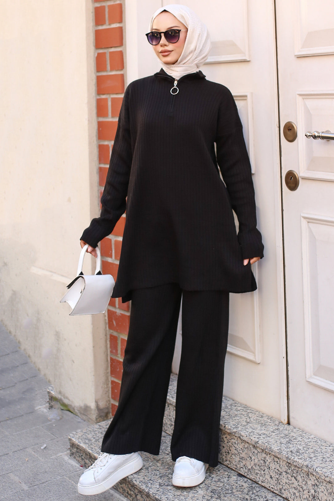 BNG Women Zipper Detailed Ribbed Knit Set Black - Clermont
