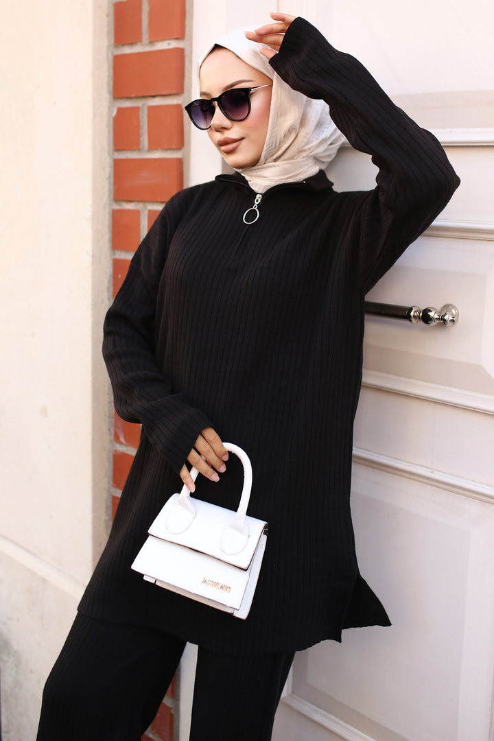 BNG Women Zipper Detailed Ribbed Knit Set Black - Clermont
