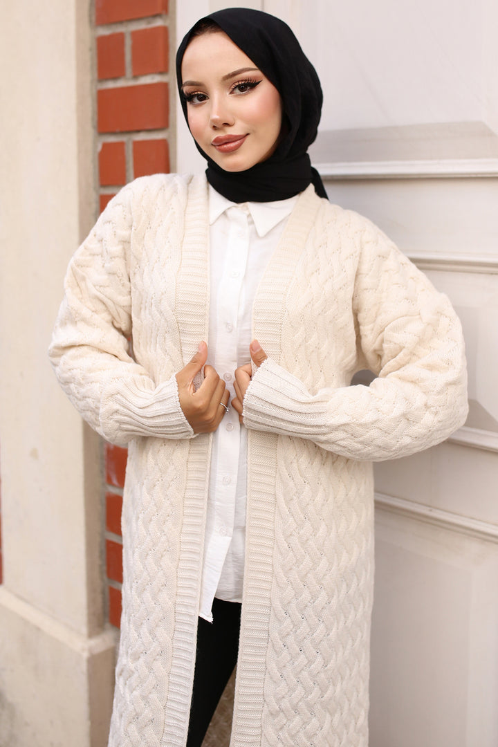 BNG Women Braided Long Knit Cardigan in Ecru - Clermont