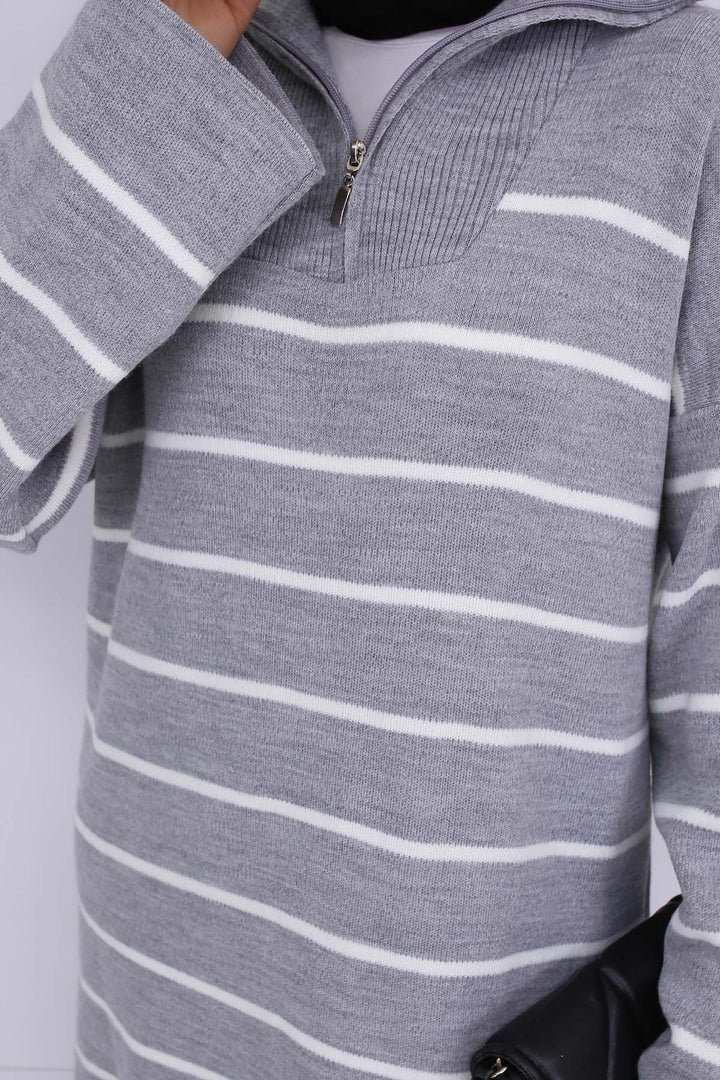 BNG Women Yakası Fermuar Detaylı Çizgili Triko Elbise Gri 3112 - Ellesmere Port