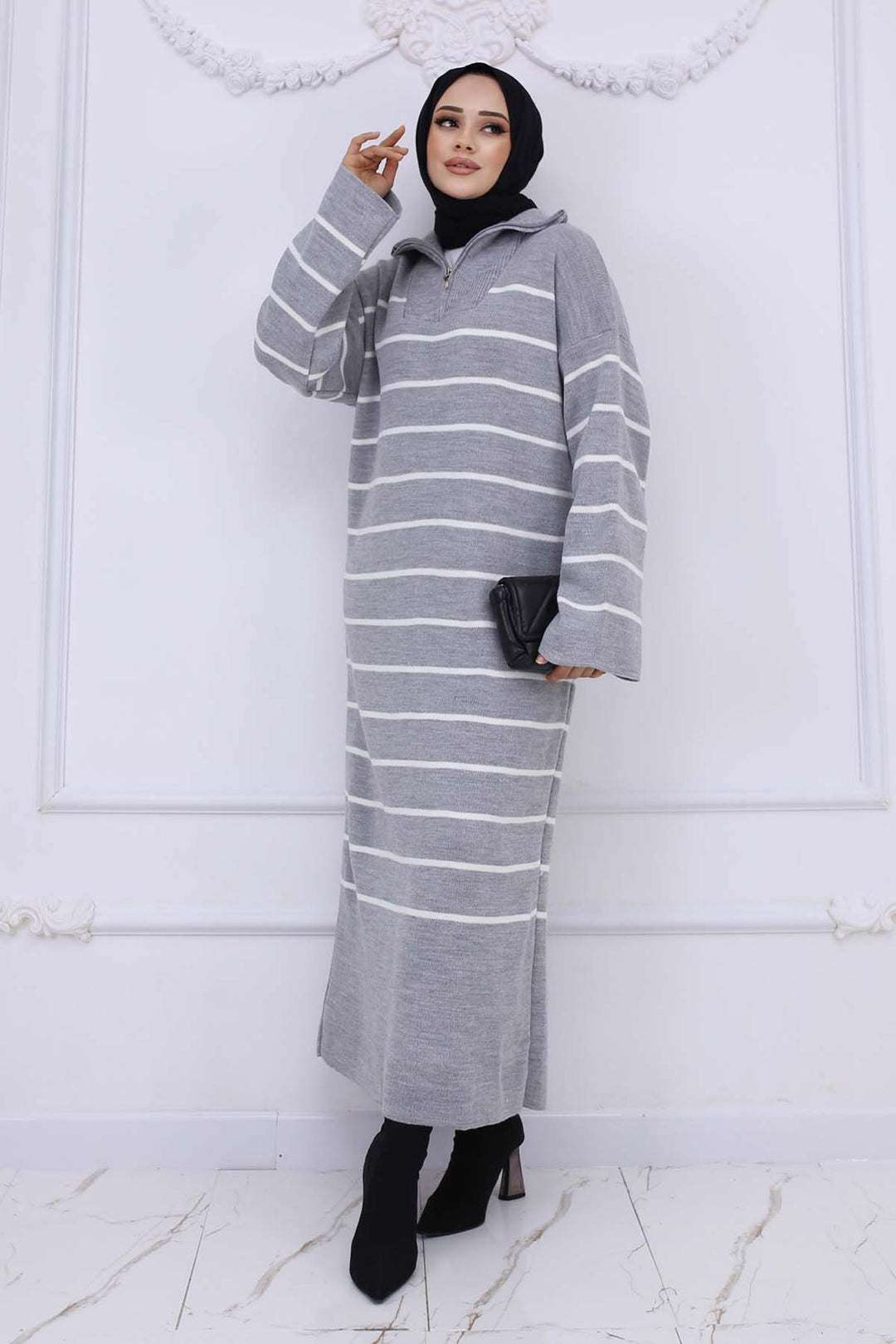 BNG Women Yakası Fermuar Detaylı Çizgili Triko Elbise Gri 3112 - Ellesmere Port