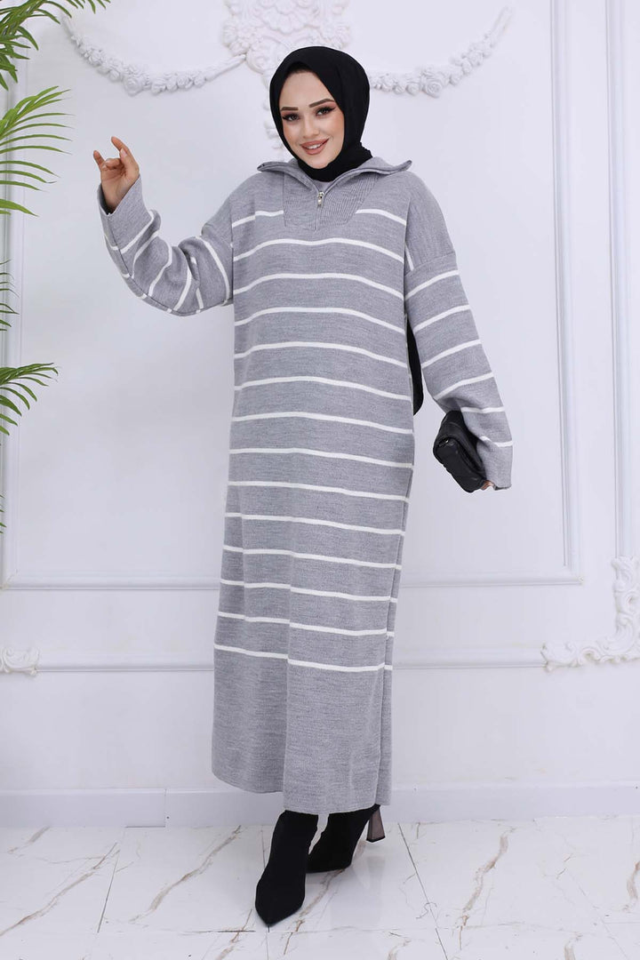 BNG Women Yakası Fermuar Detaylı Çizgili Triko Elbise Gri 3112 - Ellesmere Port
