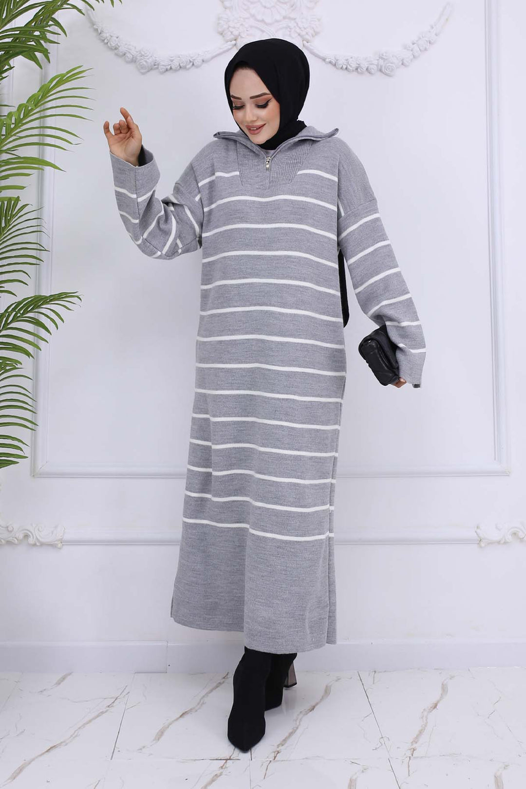 BNG Women Yakası Fermuar Detaylı Çizgili Triko Elbise Gri 3112 - Ellesmere Port