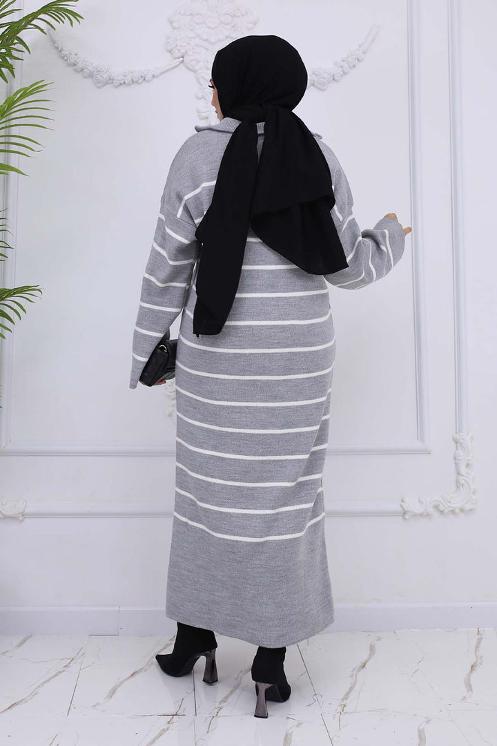 BNG Women Yakası Fermuar Detaylı Çizgili Triko Elbise Gri 3112 - Ellesmere Port