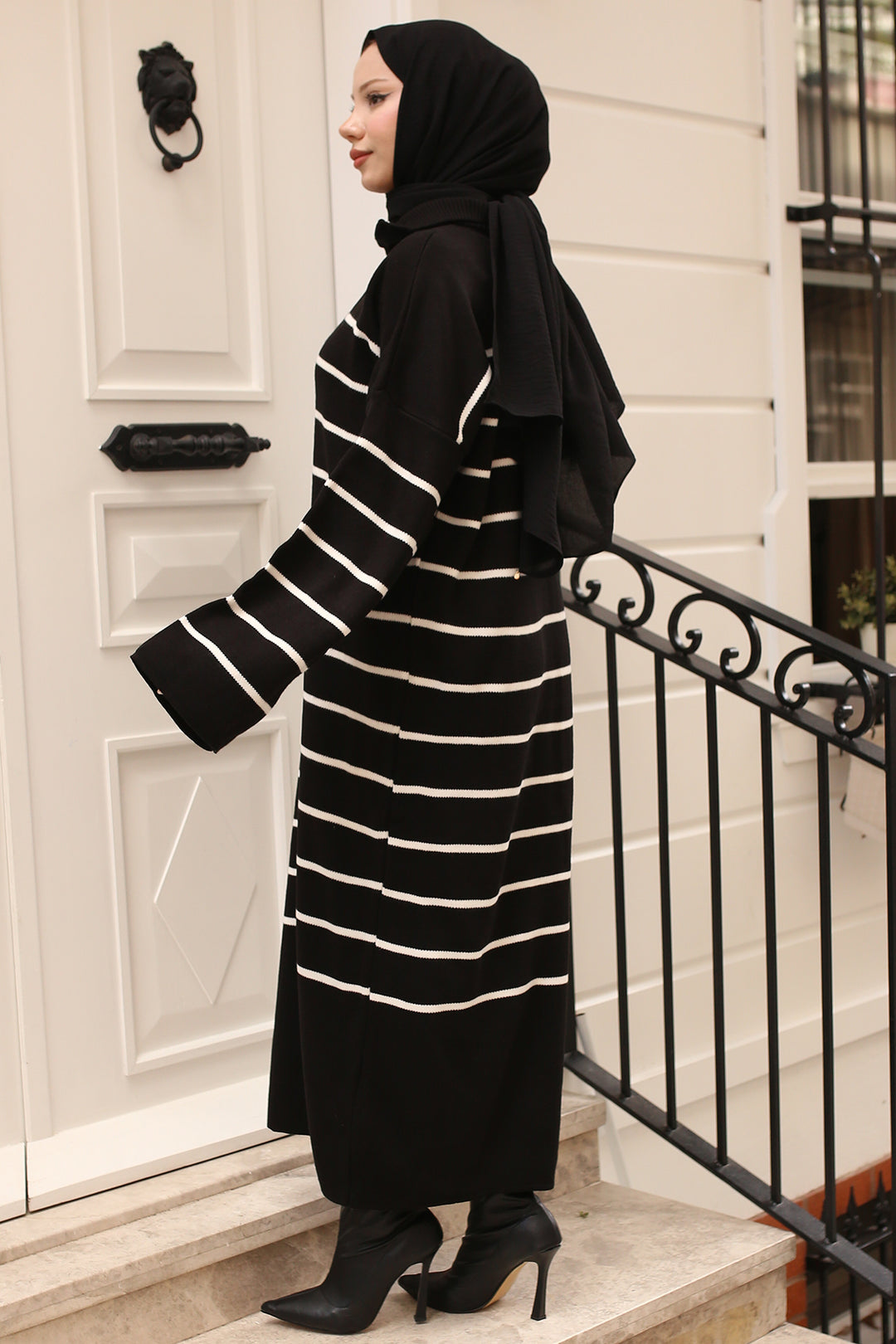 BNG Women Black Striped Knit Dress with Zipper Detail on the Collar - Clermont