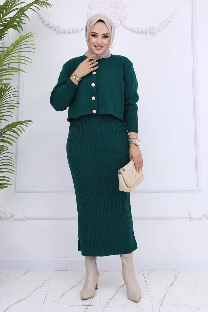 BNG Women Düğme Detaylı Jile Triko Takım Zümrüt Yeşili 3064 - Zaporizhzhia
