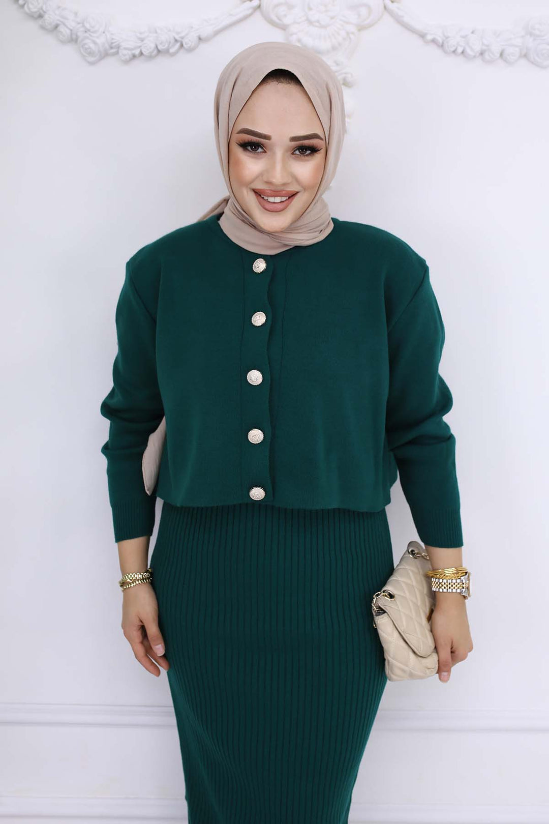 BNG Women Düğme Detaylı Jile Triko Takım Zümrüt Yeşili 3064 - Zaporizhzhia