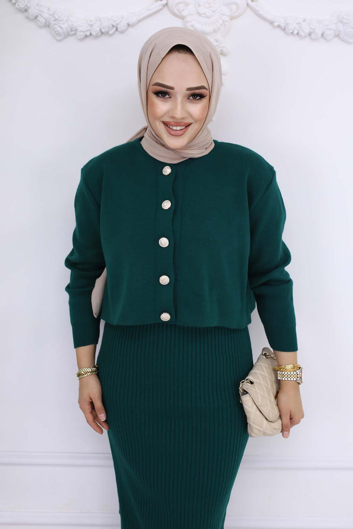 BNG Women Düğme Detaylı Jile Triko Takım Zümrüt Yeşili 3064 - Zaporizhzhia