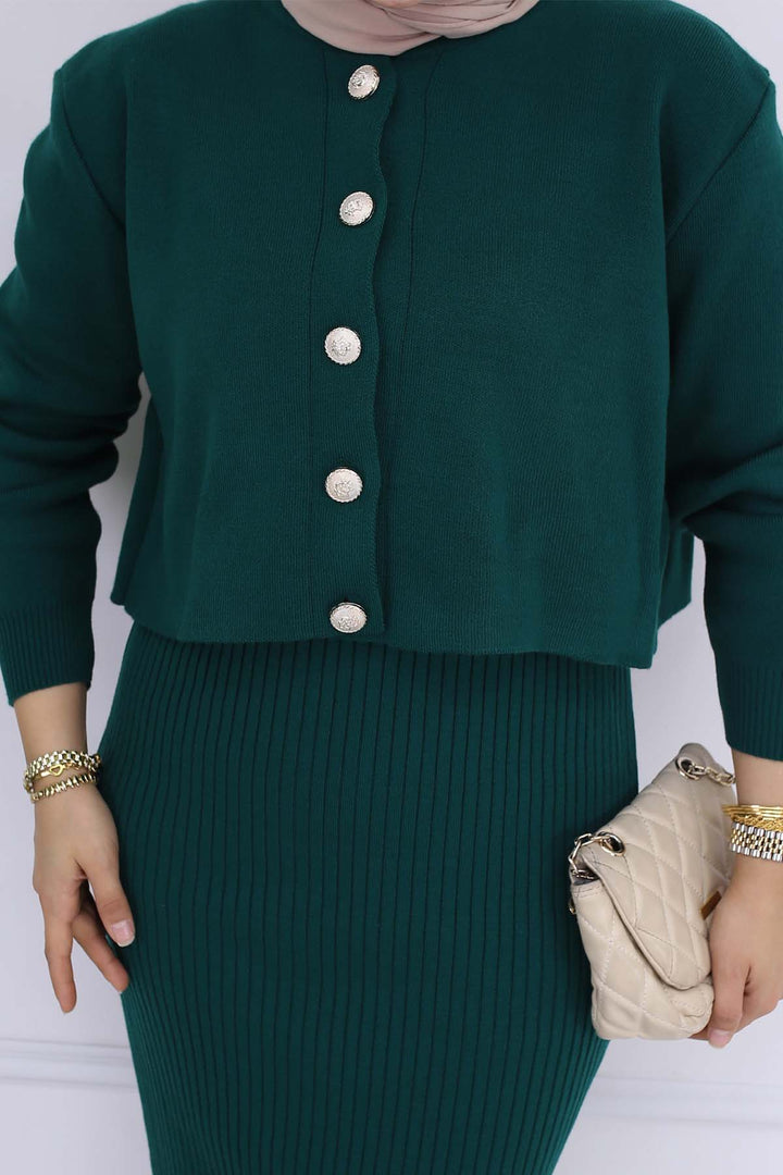 BNG Women Düğme Detaylı Jile Triko Takım Zümrüt Yeşili 3064 - Zaporizhzhia
