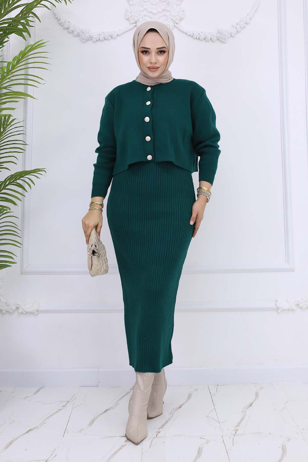 BNG Women Düğme Detaylı Jile Triko Takım Zümrüt Yeşili 3064 - Zaporizhzhia