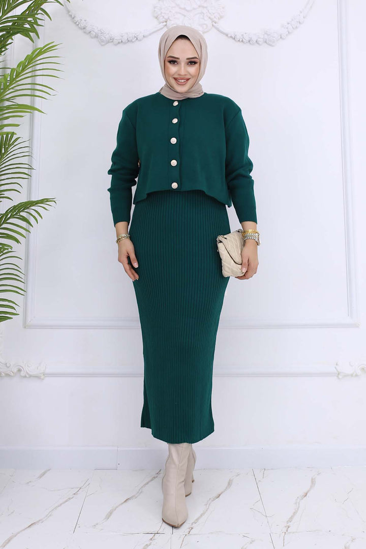 BNG Women Düğme Detaylı Jile Triko Takım Zümrüt Yeşili 3064 - Zaporizhzhia