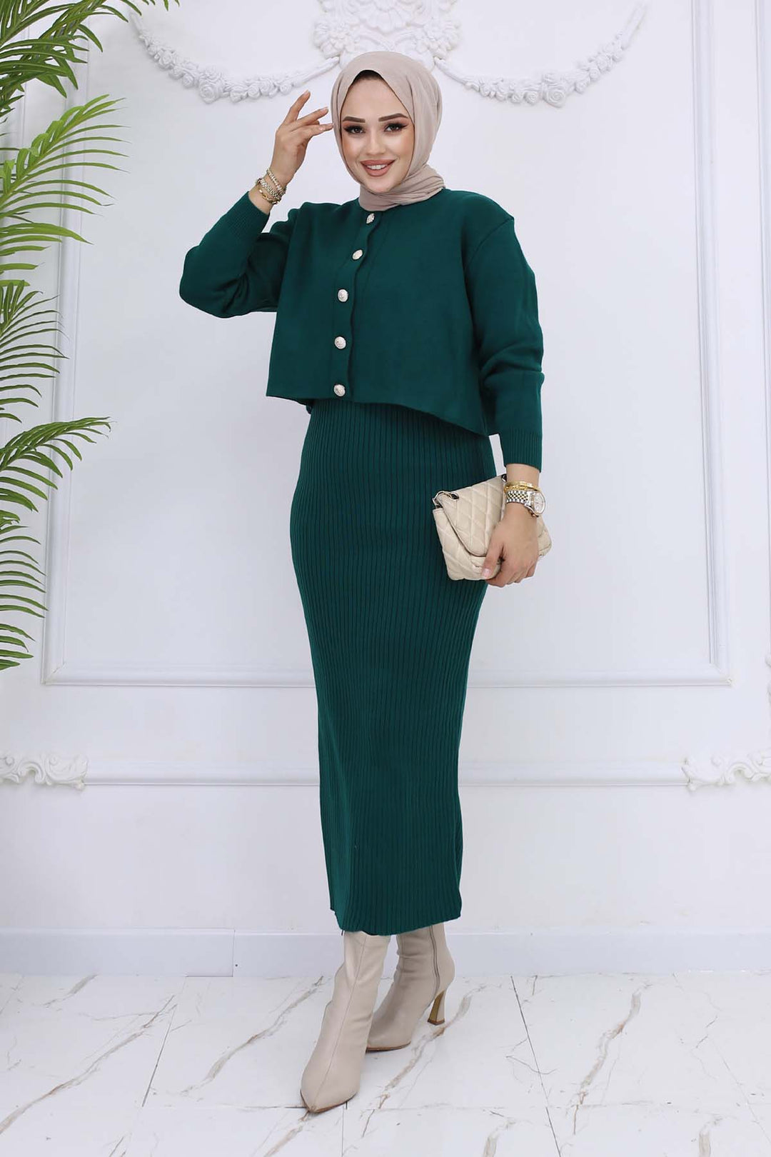 BNG Women Düğme Detaylı Jile Triko Takım Zümrüt Yeşili 3064 - Zaporizhzhia