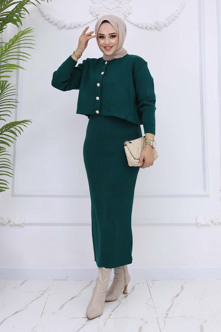BNG Women Düğme Detaylı Jile Triko Takım Zümrüt Yeşili 3064 - Zaporizhzhia