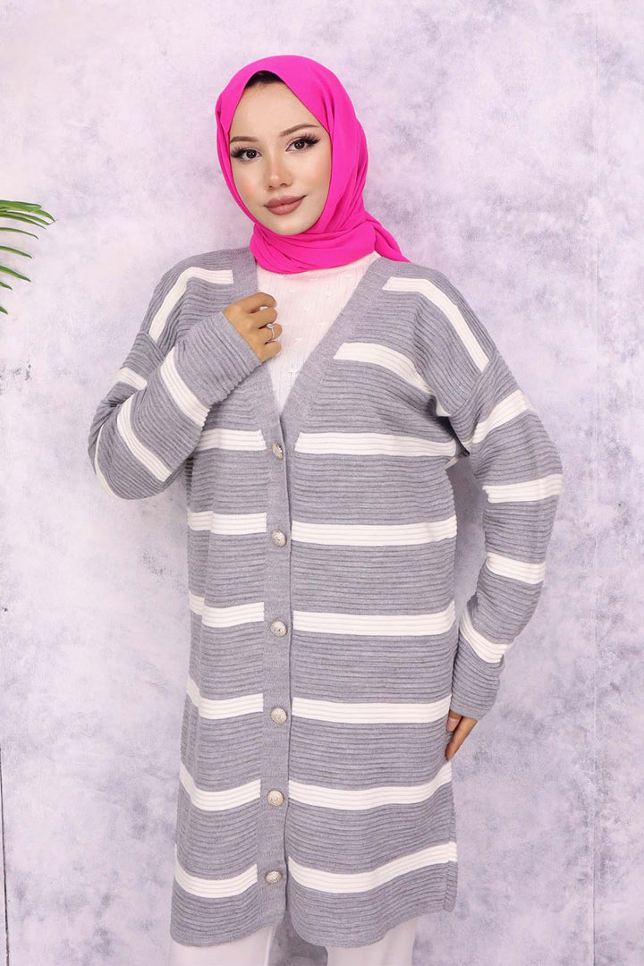 BNG Women Ribbed Striped Knit Cardigan Gray - Ciudad Madero