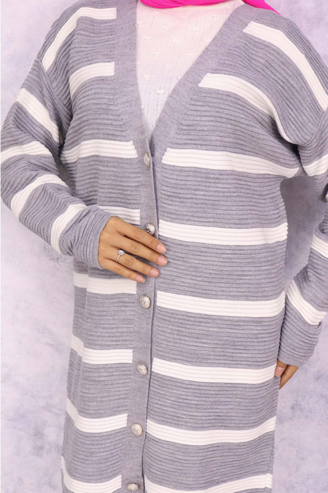 BNG Women Ribbed Striped Knit Cardigan Gray - Ciudad Madero