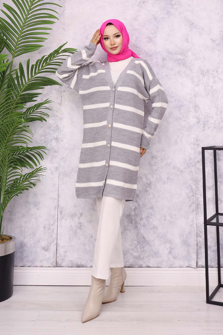 BNG Women Ribbed Striped Knit Cardigan Gray - Ciudad Madero