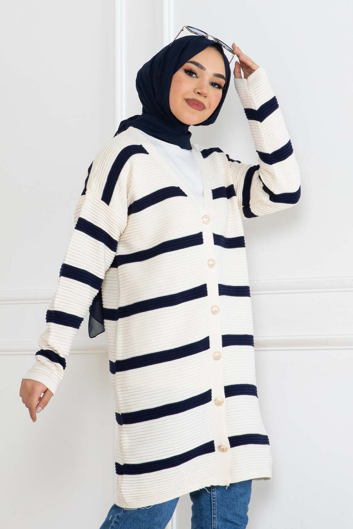 BNG Women Ribbed Striped Knit Cardigan Cream 3090 - Teijlingen