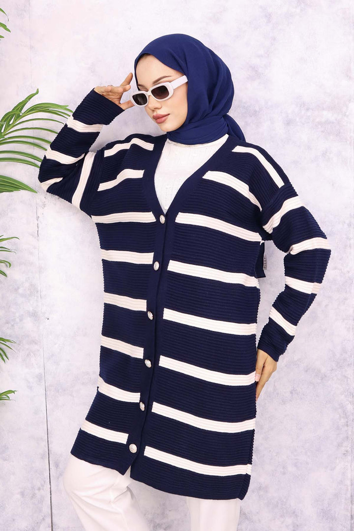 BNG Women Navy Striped Knit Cardigan - Rochester