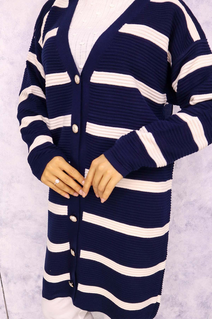 BNG Women Navy Striped Knit Cardigan - Rochester