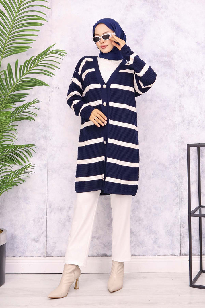 BNG Women Navy Striped Knit Cardigan - Rochester