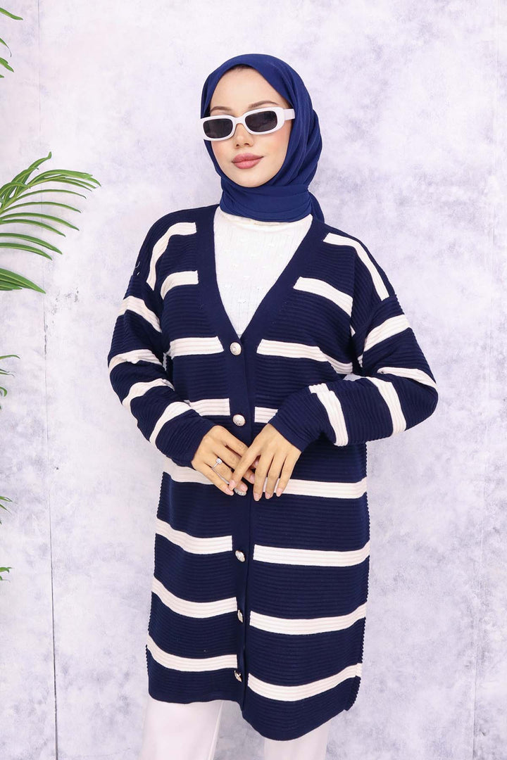 BNG Women Navy Striped Knit Cardigan - Rochester