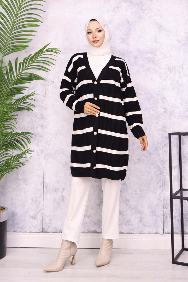 BNG Women Ribbed Striped Knit Cardigan Black - Villa Victoria