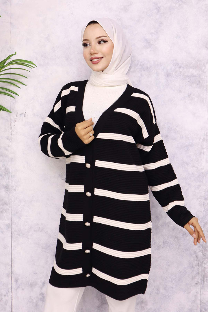 BNG Women Ribbed Striped Knit Cardigan Black - Villa Victoria