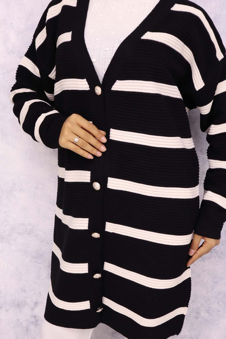 BNG Women Ribbed Striped Knit Cardigan Black - Villa Victoria