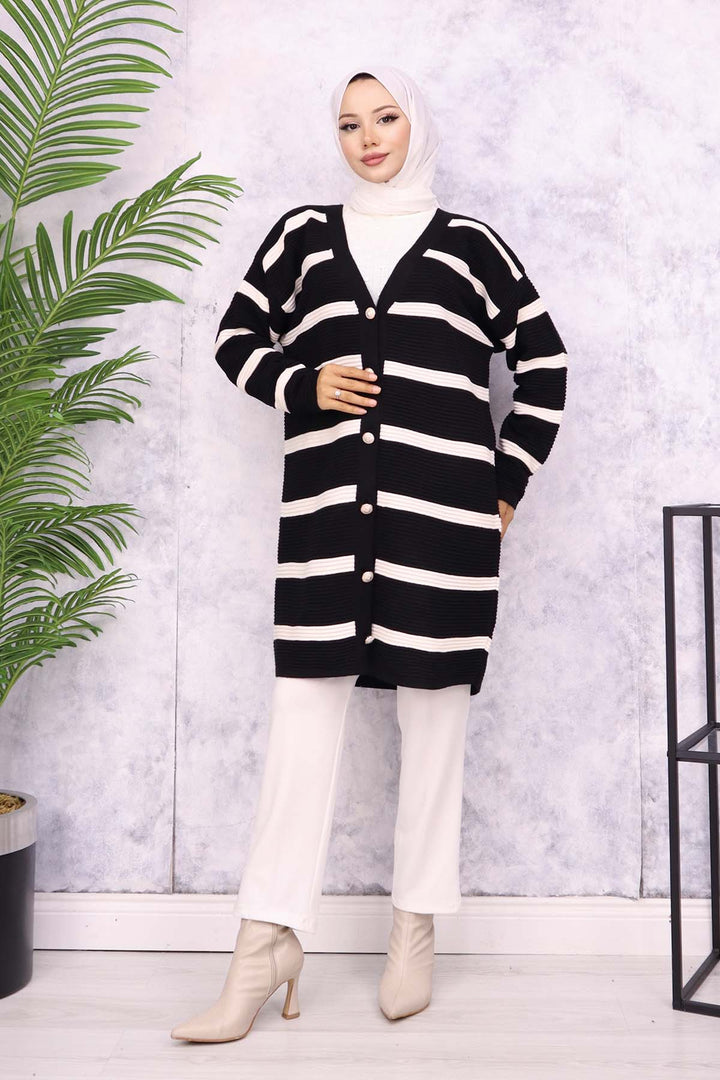 BNG Women Ribbed Striped Knit Cardigan Black - Villa Victoria