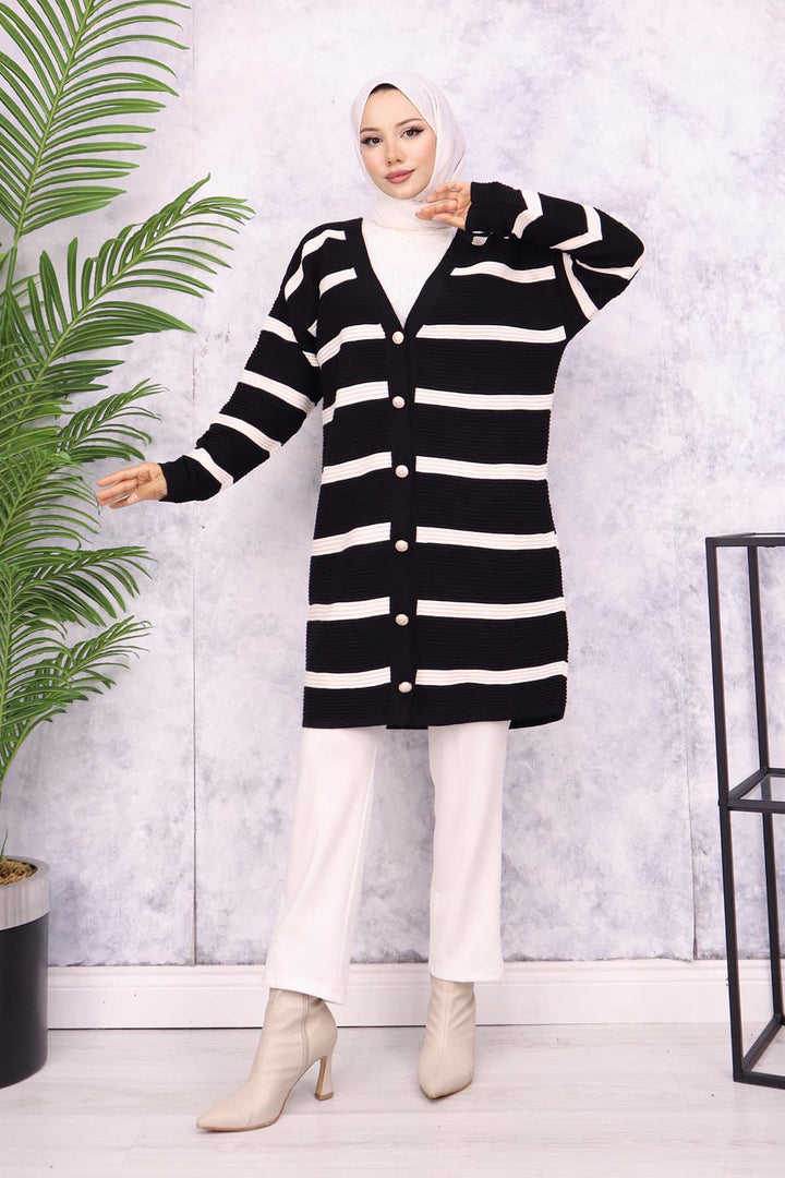 BNG Women Ribbed Striped Knit Cardigan Black - Villa Victoria