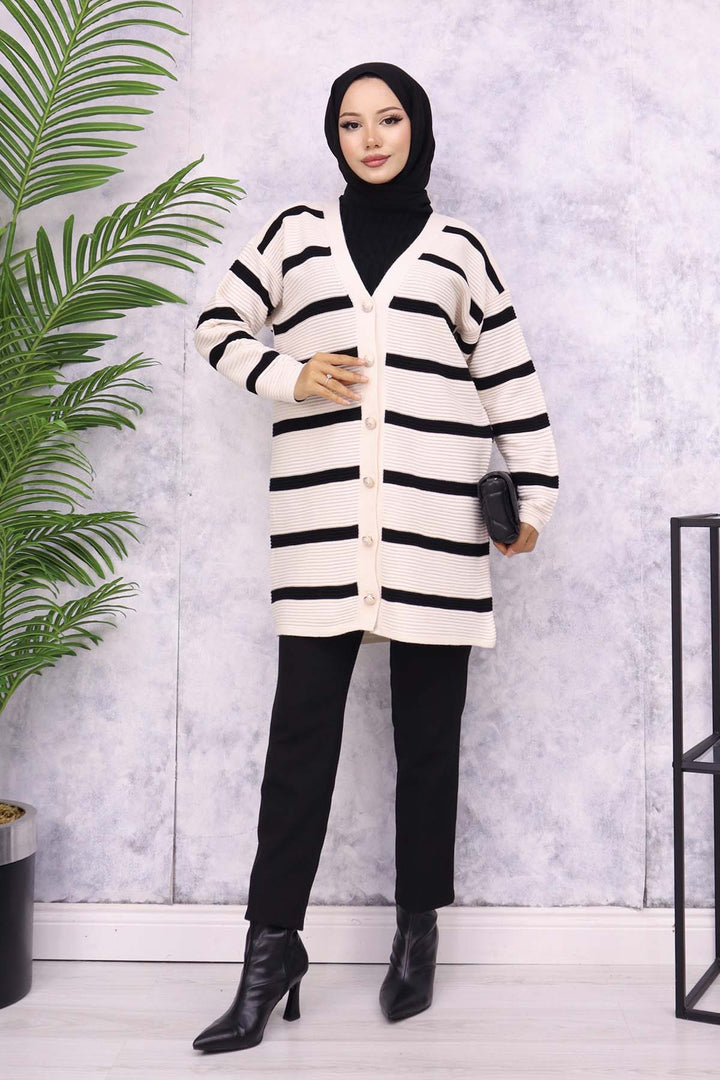 BNG Women Ribbed Striped Knit Cardigan Stone Color - Calimaya