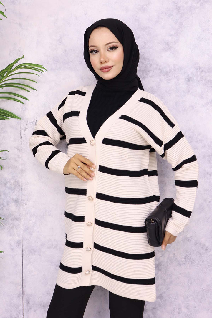 BNG Women Ribbed Striped Knit Cardigan Stone Color - Calimaya