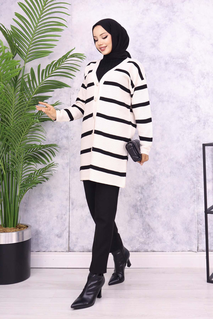 BNG Women Ribbed Striped Knit Cardigan Stone Color - Calimaya