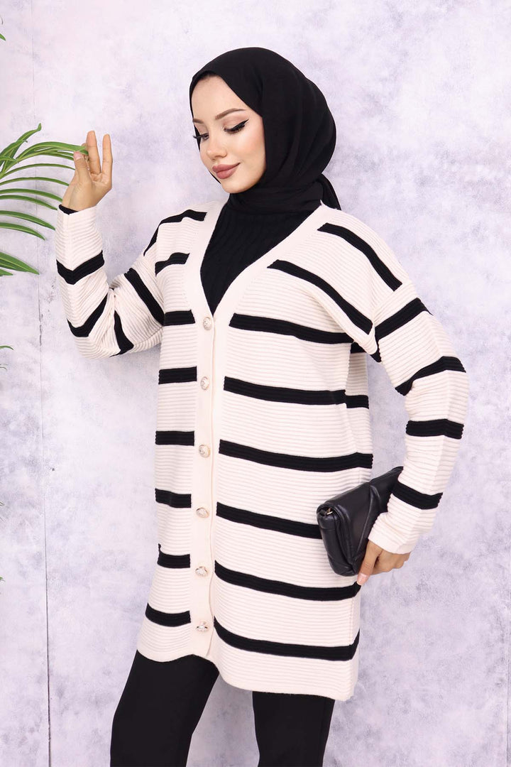 BNG Women Ribbed Striped Knit Cardigan Stone Color - Calimaya