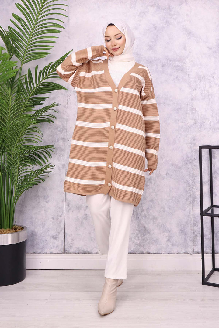 BNG Women Ribbed Striped Knit Cardigan Mink - Bradenton