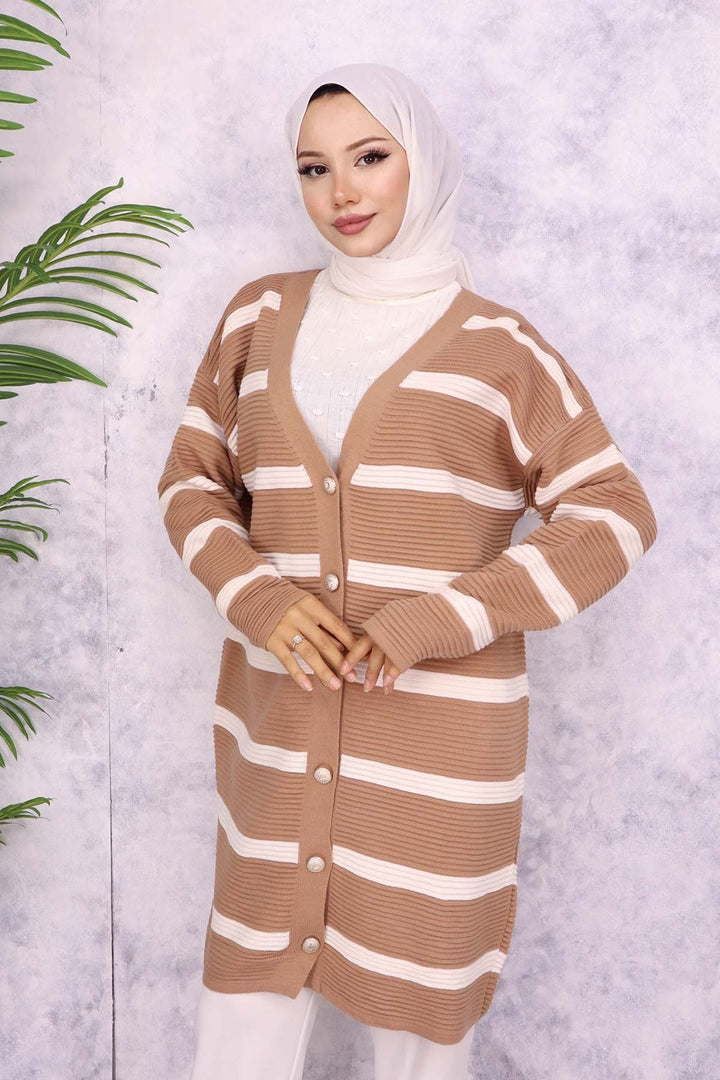 BNG Women Ribbed Striped Knit Cardigan Mink - Bradenton