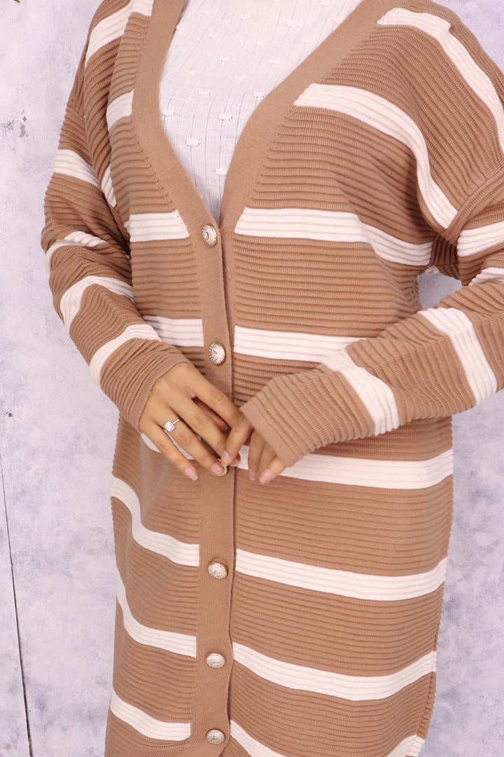 BNG Women Ribbed Striped Knit Cardigan Mink - Bradenton