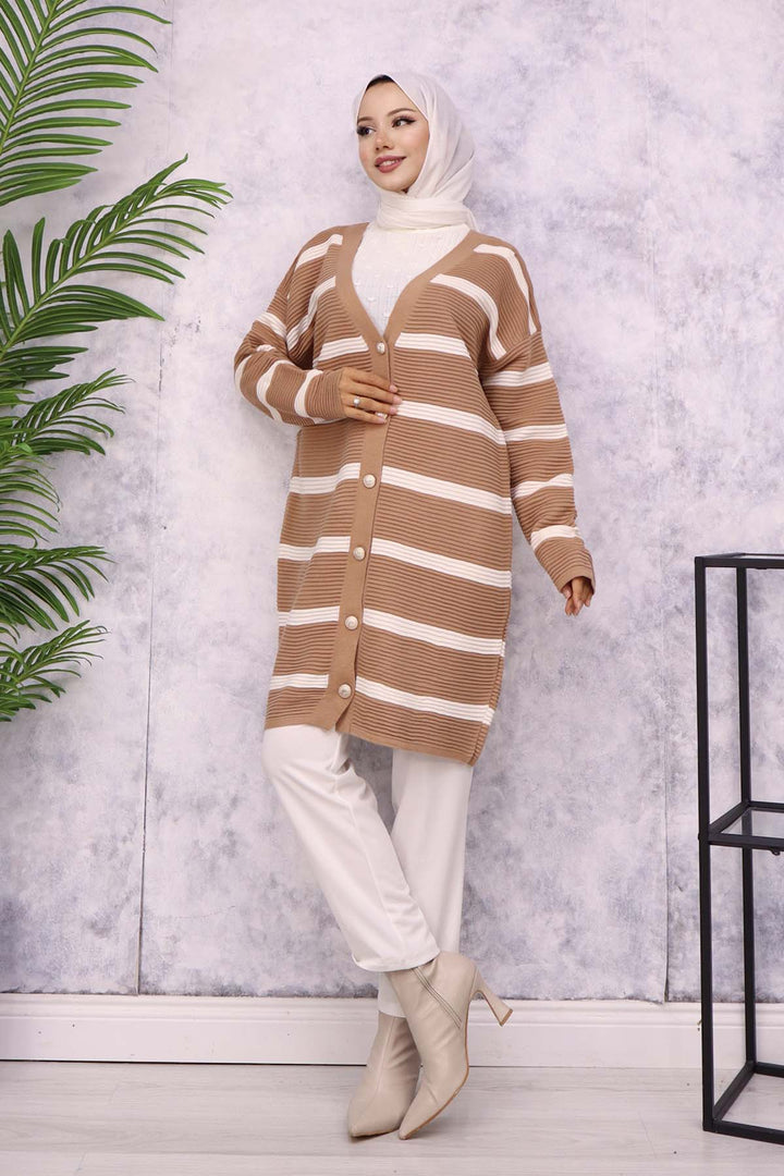 BNG Women Ribbed Striped Knit Cardigan Mink - Bradenton