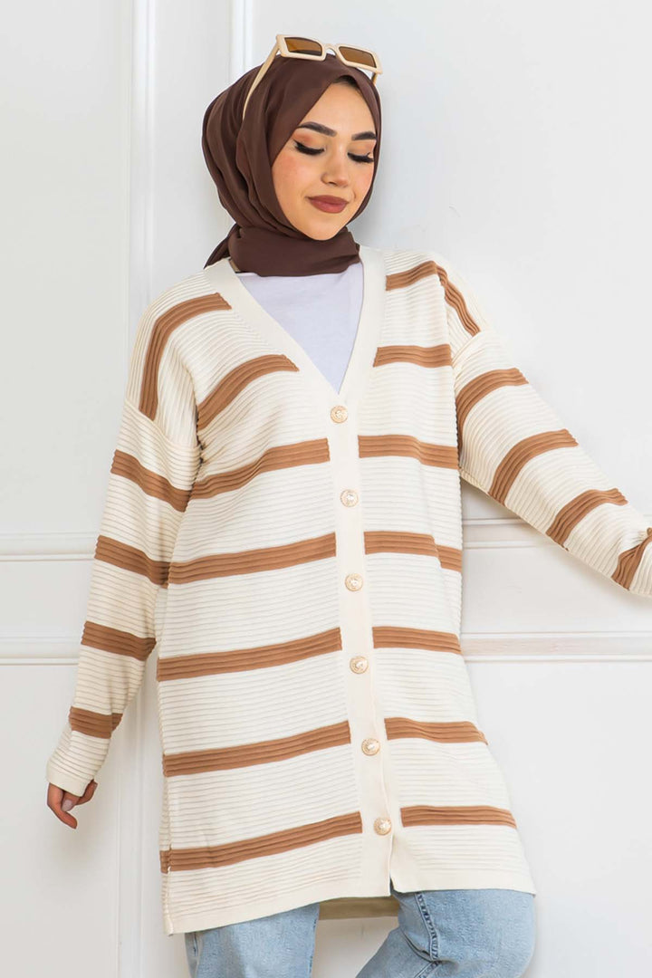 BNG Women Ribbed Striped Knit Cardigan Latte 3090 - Douai