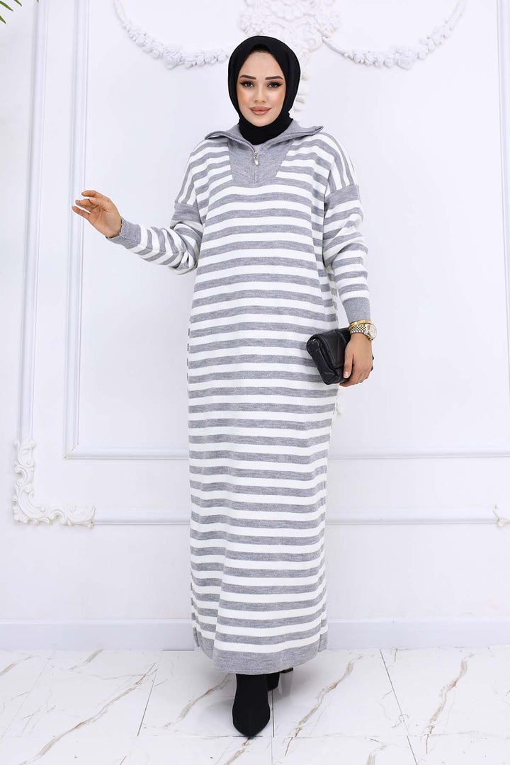 BNG Women Fisherman Collar Striped Knit Dress Gray 3058 - Channelview