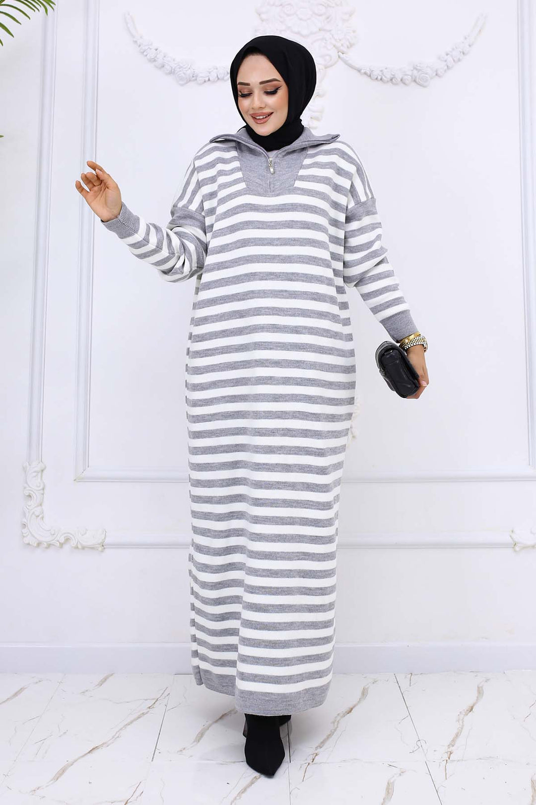 BNG Women Fisherman Collar Striped Knit Dress Gray 3058 - Channelview