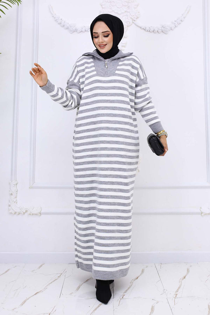 BNG Women Fisherman Collar Striped Knit Dress Gray 3058 - Channelview
