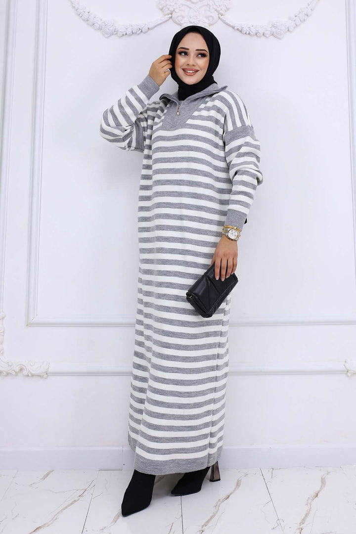 BNG Women Fisherman Collar Striped Knit Dress Gray 3058 - Channelview