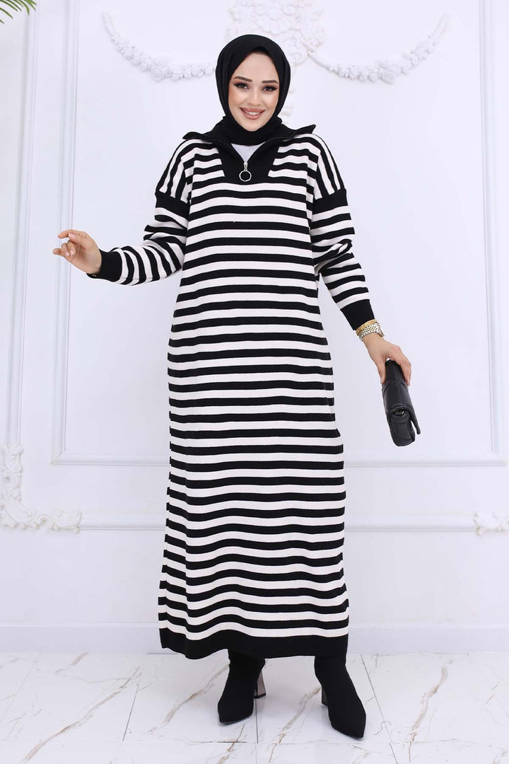 BNG Women Fisherman Collar Striped Knit Dress Black 3058 - Huntington