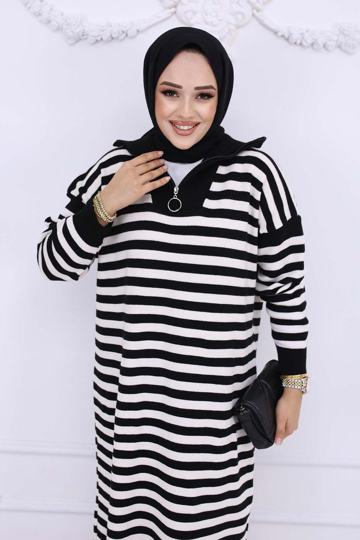 BNG Women Fisherman Collar Striped Knit Dress Black 3058 - Huntington