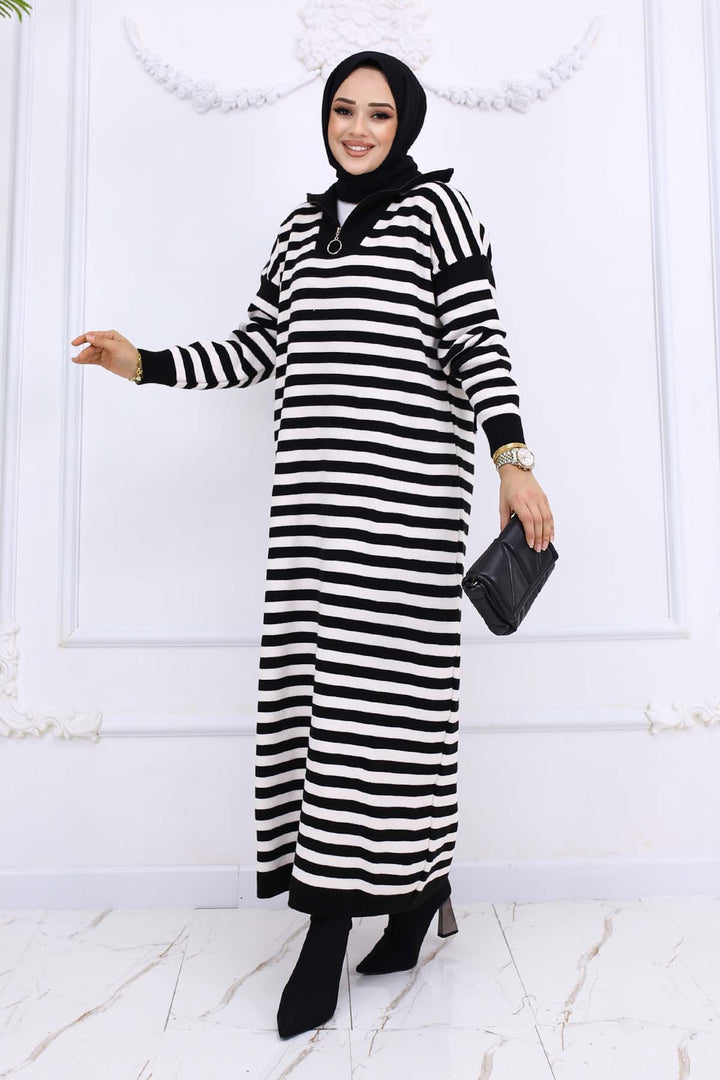 BNG Women Fisherman Collar Striped Knit Dress Black 3058 - Huntington