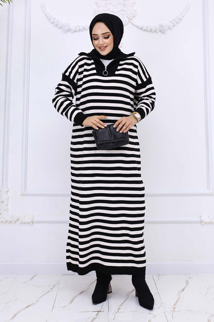 BNG Women Fisherman Collar Striped Knit Dress Black 3058 - Huntington