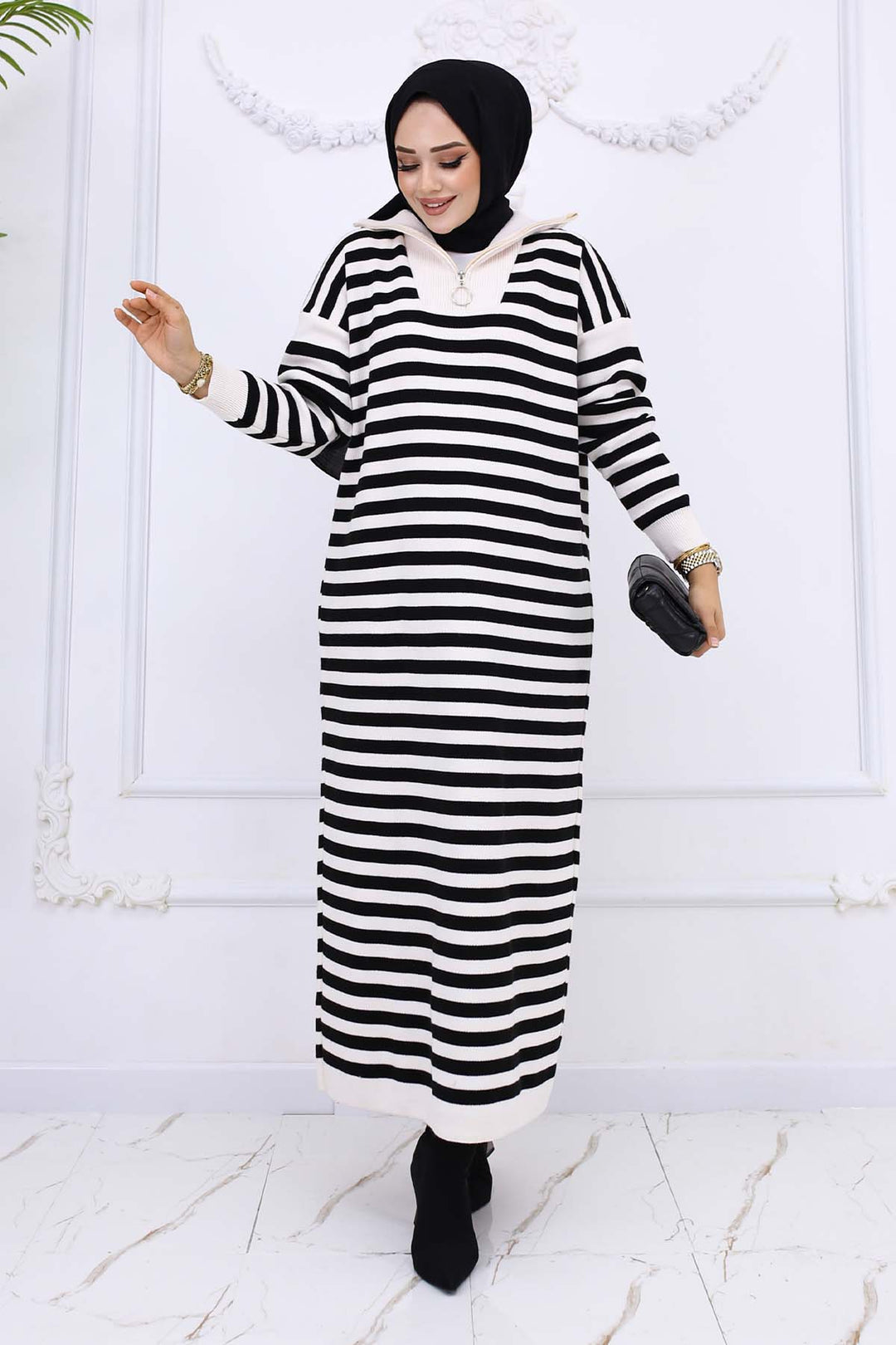 BNG Women Fisherman Collar Striped Knit Dress Stone Color 3058 - Lancaster